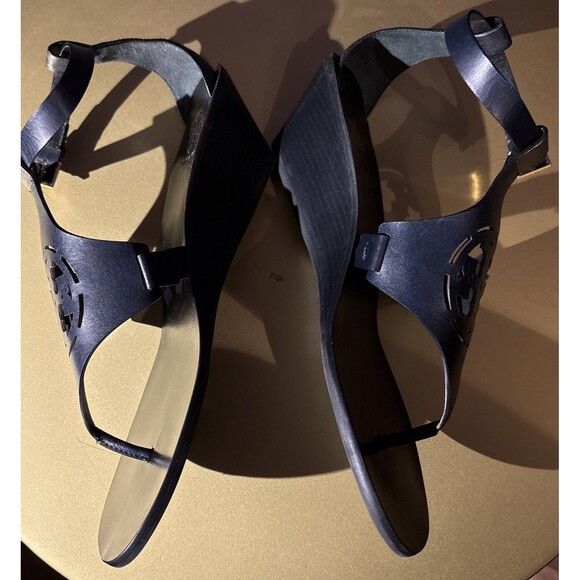 Tory Burch Leather Navy Zoey Wedge Heel Sandal Size 11M New With Box - Picture 4 of 11